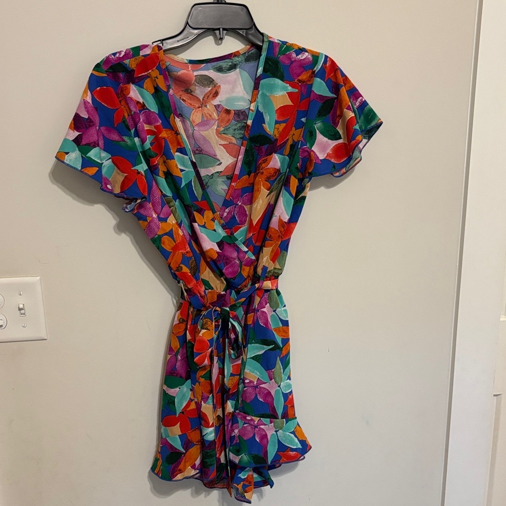Colorful Leaf-Print Wrap Romper